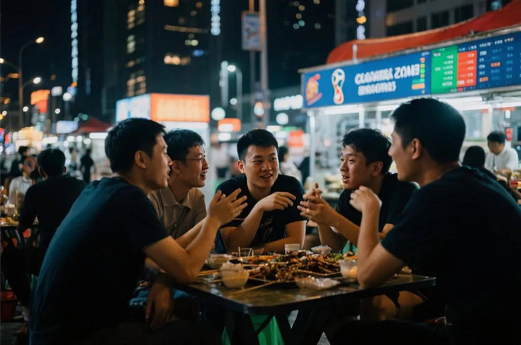 朋友围坐在夜宵摊前讨论世界杯比分和赛后数据,氛围热烈